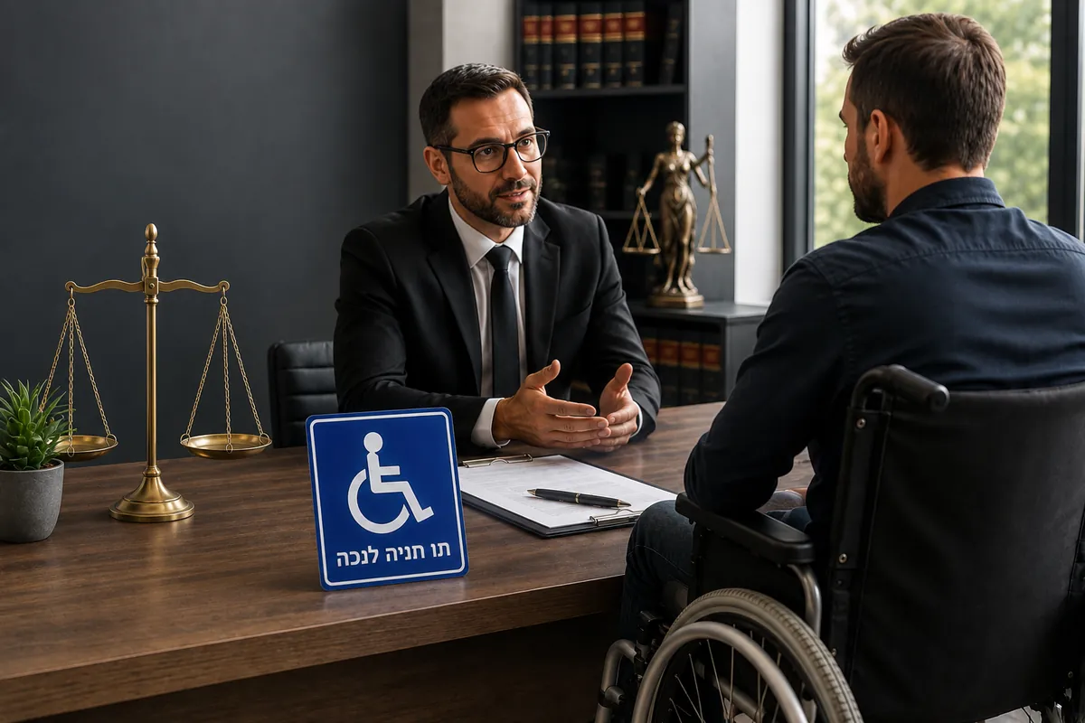 תחום תו חנייה לנכה — עורך דין מייעץ ללקוח בכיסא גלגלים לצד שלט תו חנייה לנכה ומאזני צדק