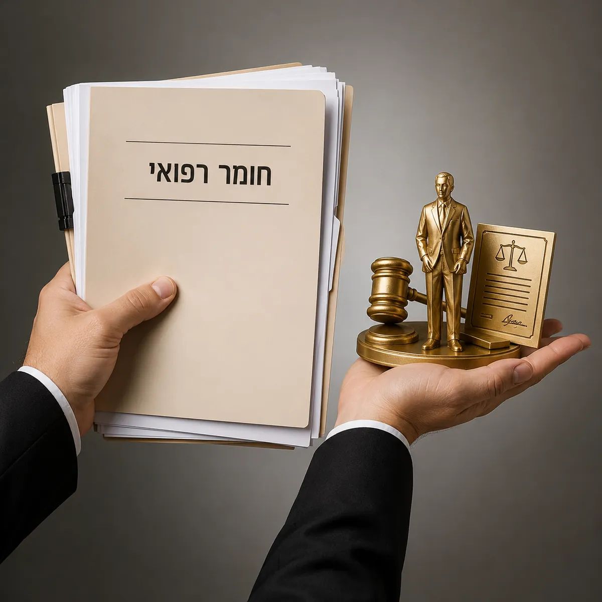 תיק חומר רפואי לצד סמלים משפטיים