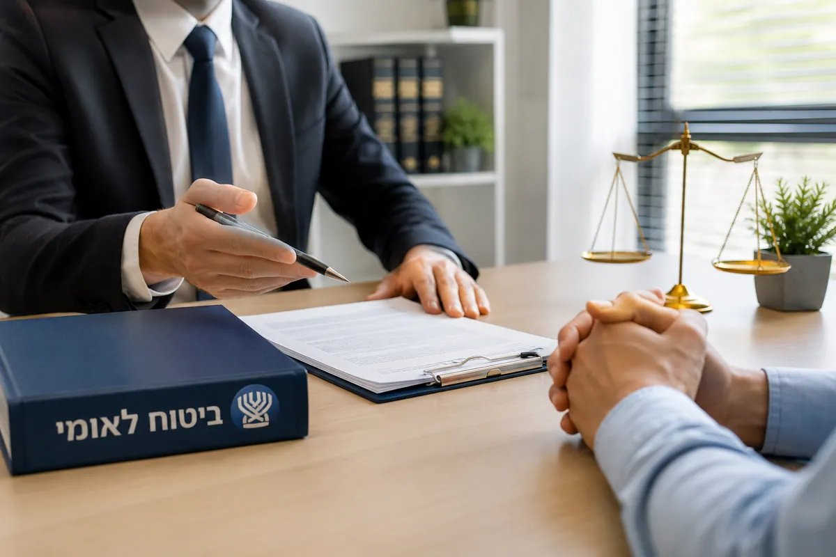 תחום ביטוח לאומי — עורך דין מייעץ ללקוח ליד ספר חוק הביטוח הלאומי ומאזני צדק