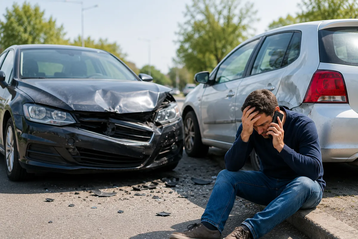 תחום תאונות דרכים — נהג פצוע יושב על שפת המדרכה מול שני כלי רכב שניזוקו בתאונה